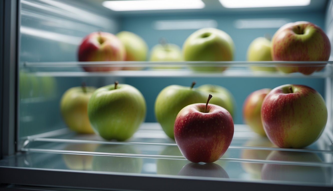 A collection of green and red apples neatly arranged on the shelves of a refrigerator.