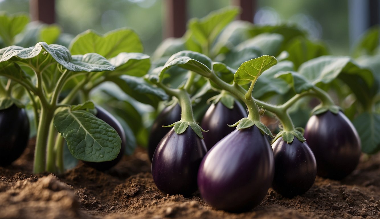 A close-up view of ripe eggplants growing on lush green plants in a garden.