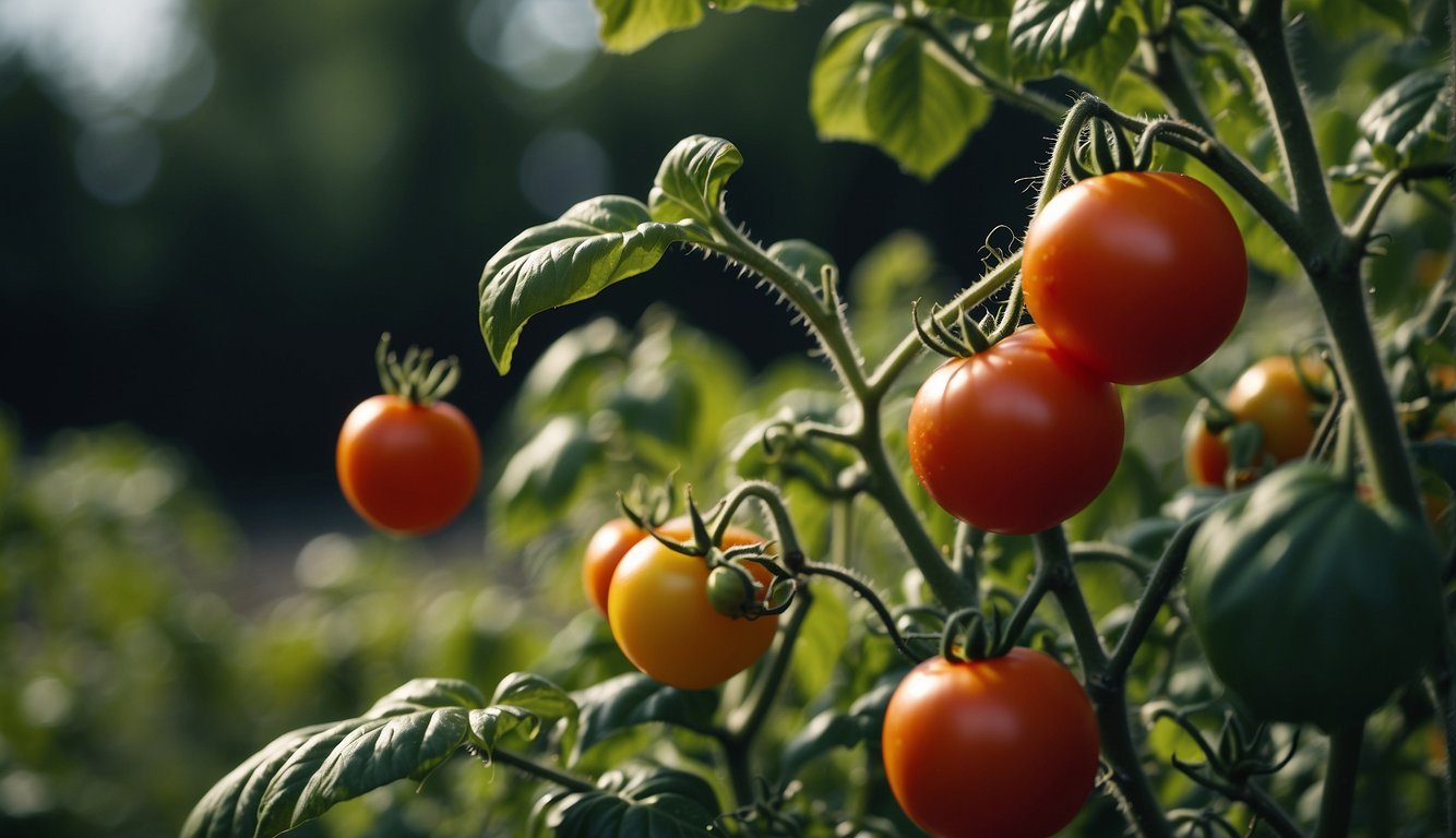 A close-up image of ripe and unripe tomatoes growing on a plant, illuminated by sunlight.