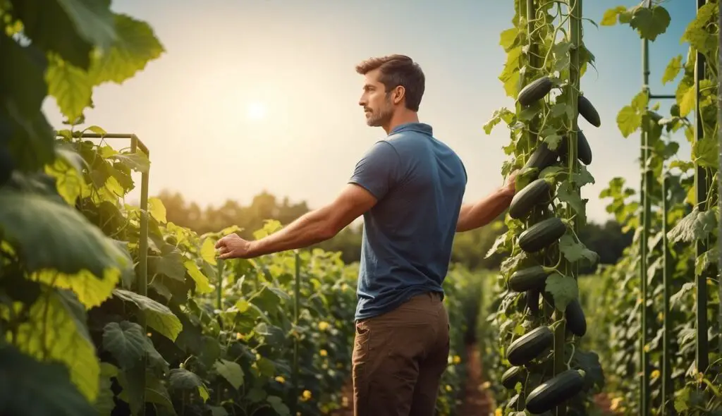 A person inspecting cucumbers growing on a tall trellis in a garden.