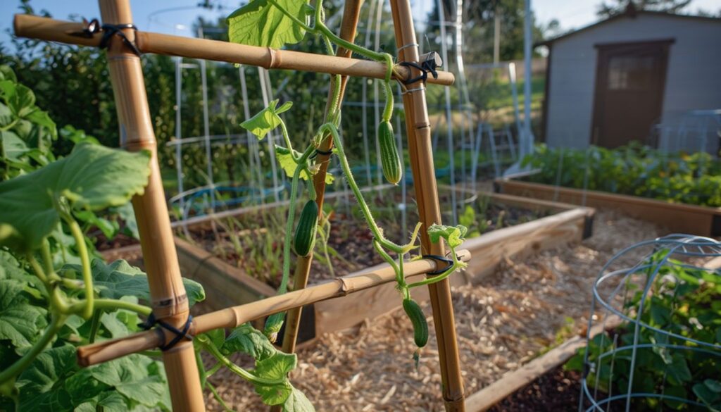 A raised bed garden with a tall bamboo trellis supporting climbing cucumber vines, surrounded by lush green foliage and other garden structures.