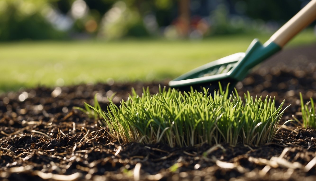 A rake is near a patch of fresh grass growing amidst mulch, illustrating the process of cleaning grass clippings out of mulch.