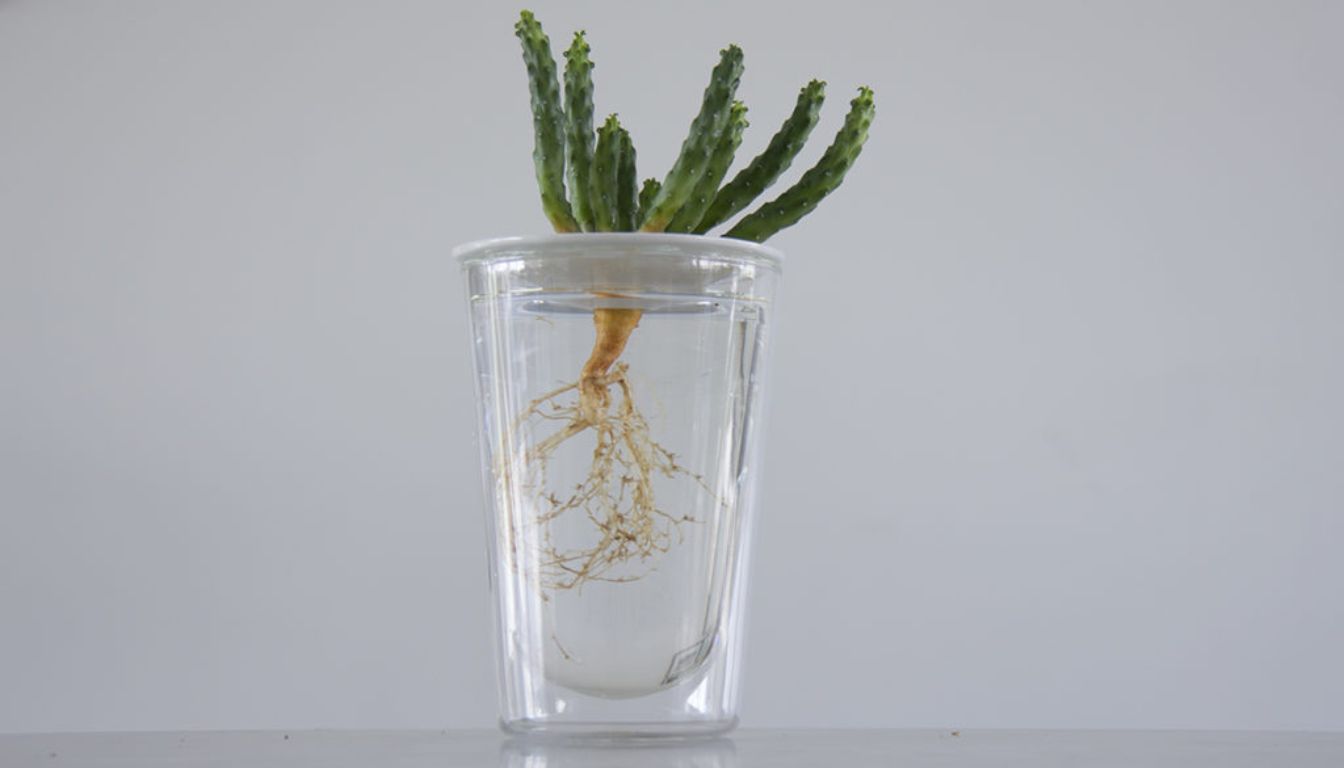 A Thanksgiving cactus plant with its roots submerged in water inside a clear glass.