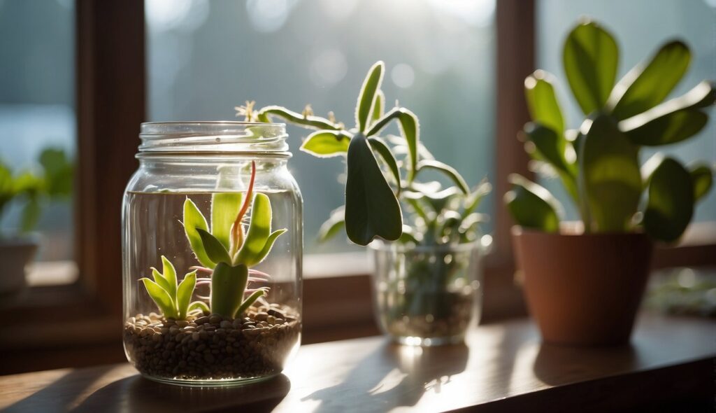 A Thanksgiving cactus cutting is starting to grow in a clear jar of water placed on a wooden surface, bathed in soft sunlight, with other healthy plants nearby.