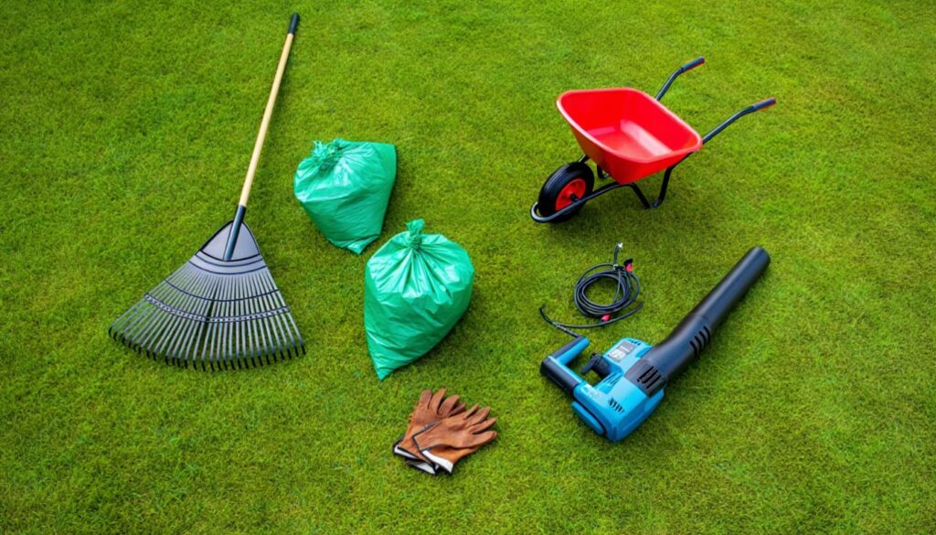 Lawn care tools including rake, wheelbarrow, garbage bags, gloves, and leaf blower arranged on grass.