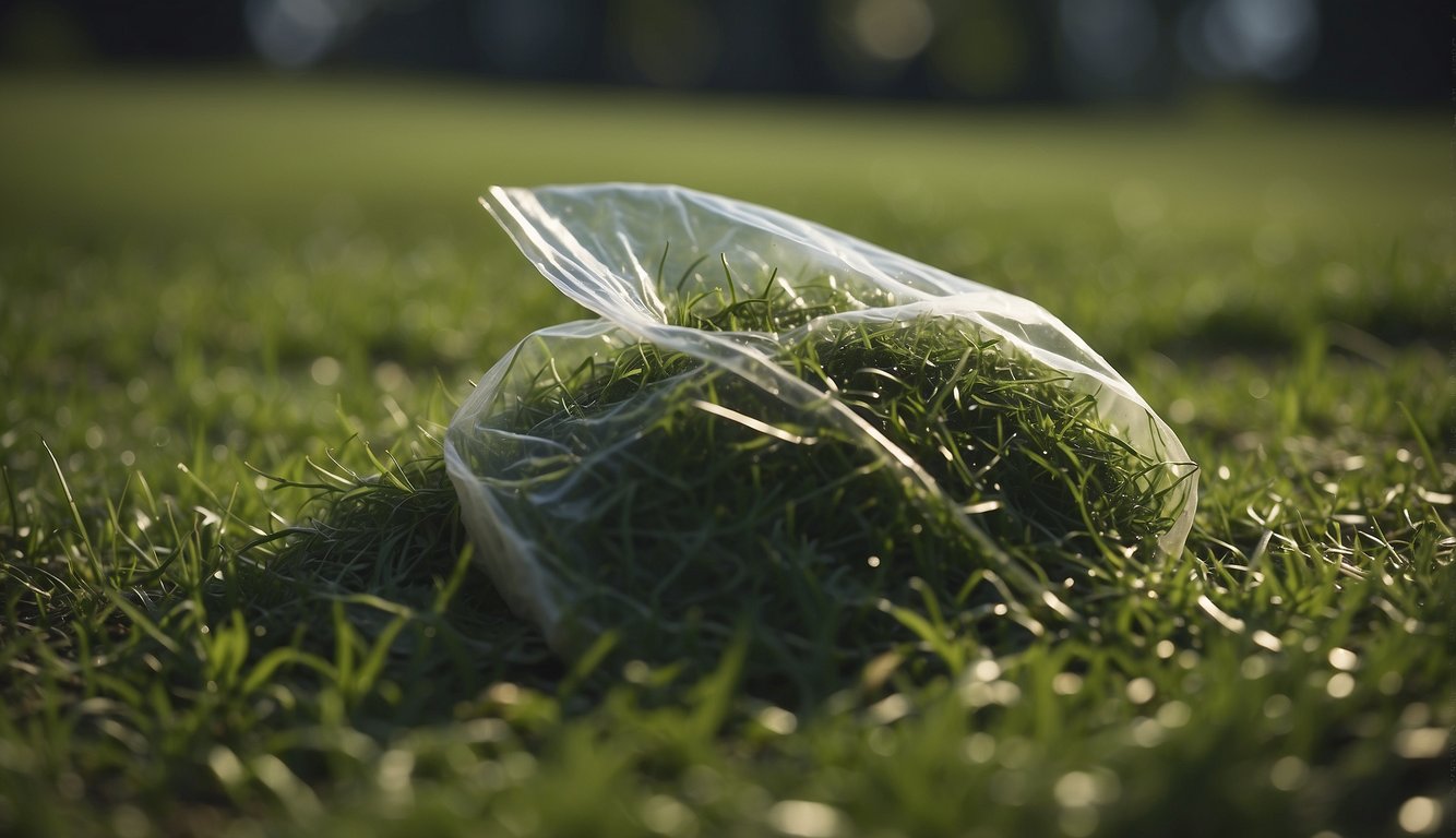 A plastic bag filled with freshly cut grass clippings lying on a well-manicured lawn.