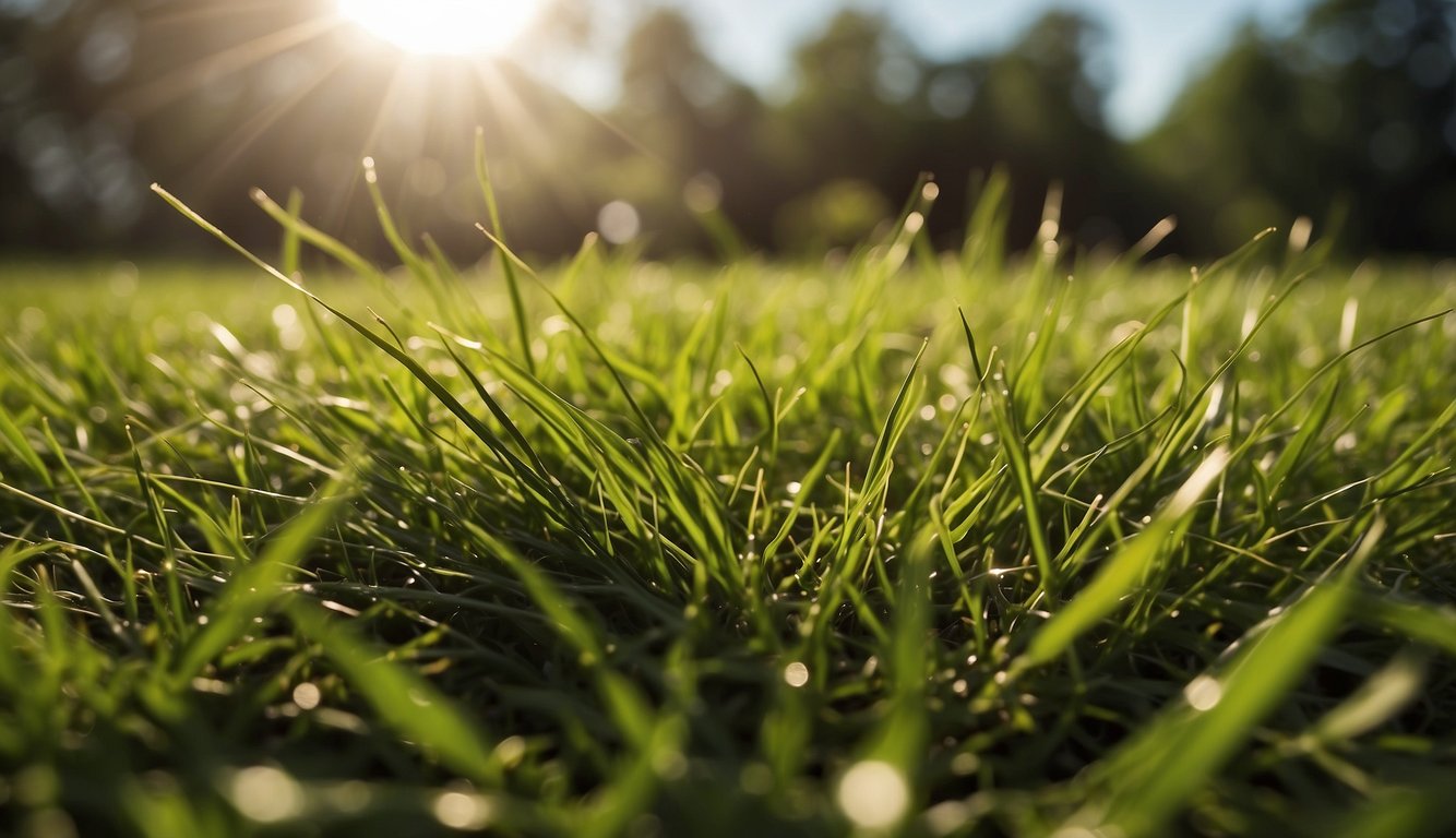A close-up view of fresh, green grass clippings glistening under the bright sun.
