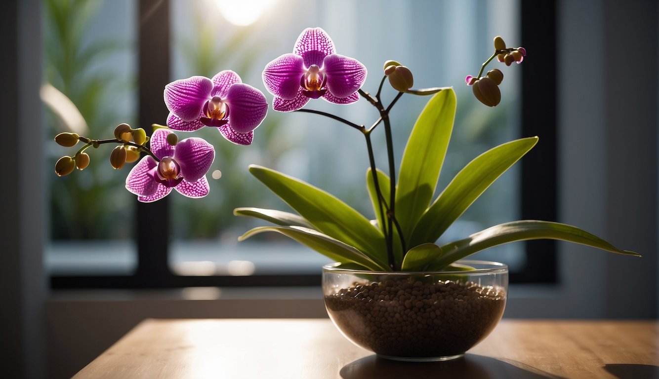 A vibrant orchid with purple flowers and green leaves, positioned by a window with sunlight streaming in.