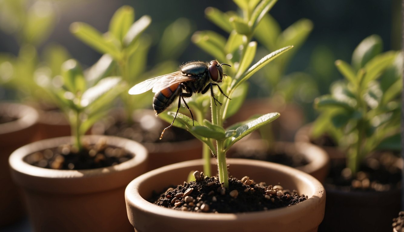 A fly on a young plant in a pot, illustrating the issue of flies in potted plants.