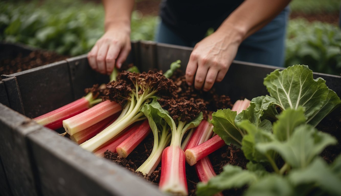 A person placing freshly uprooted rhubarb into a wooden container.