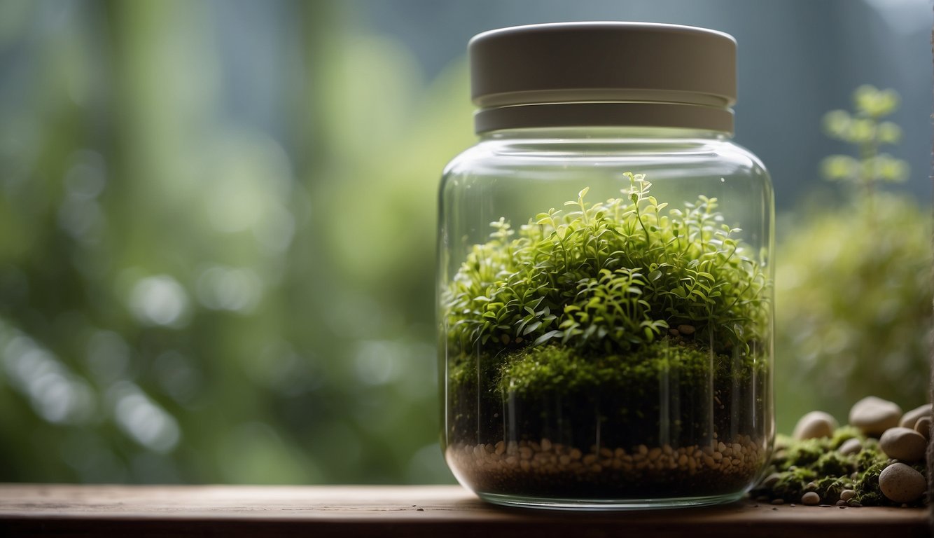 A glass jar with a white lid containing vibrant green moss, placed on a wooden surface against a blurred natural background.