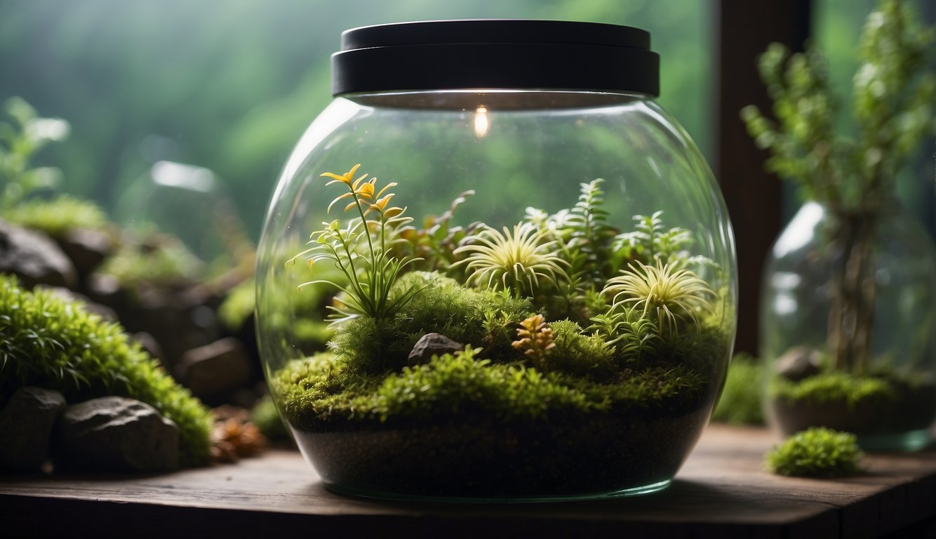 A lush green moss garden thriving inside a clear glass terrarium, illuminated by soft natural light.