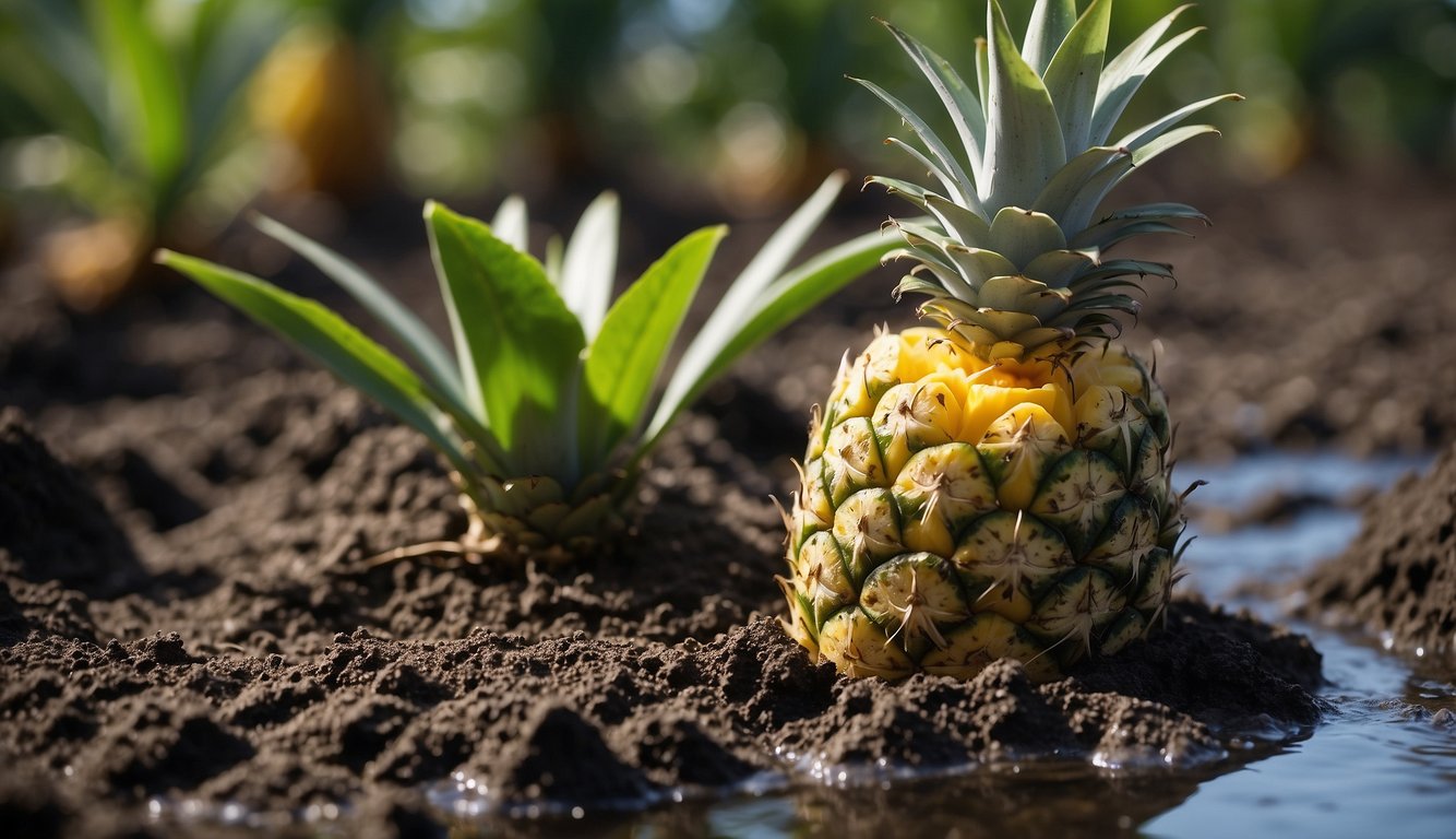 A ripe pineapple and a young pineapple plant growing in soil, illuminated by sunlight.