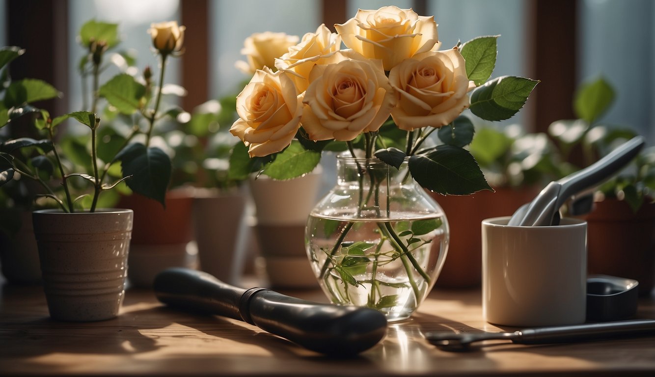 A bouquet of blooming yellow roses in a clear vase, with gardening tools and potted rose plants on a wooden surface, illuminated by sunlight.