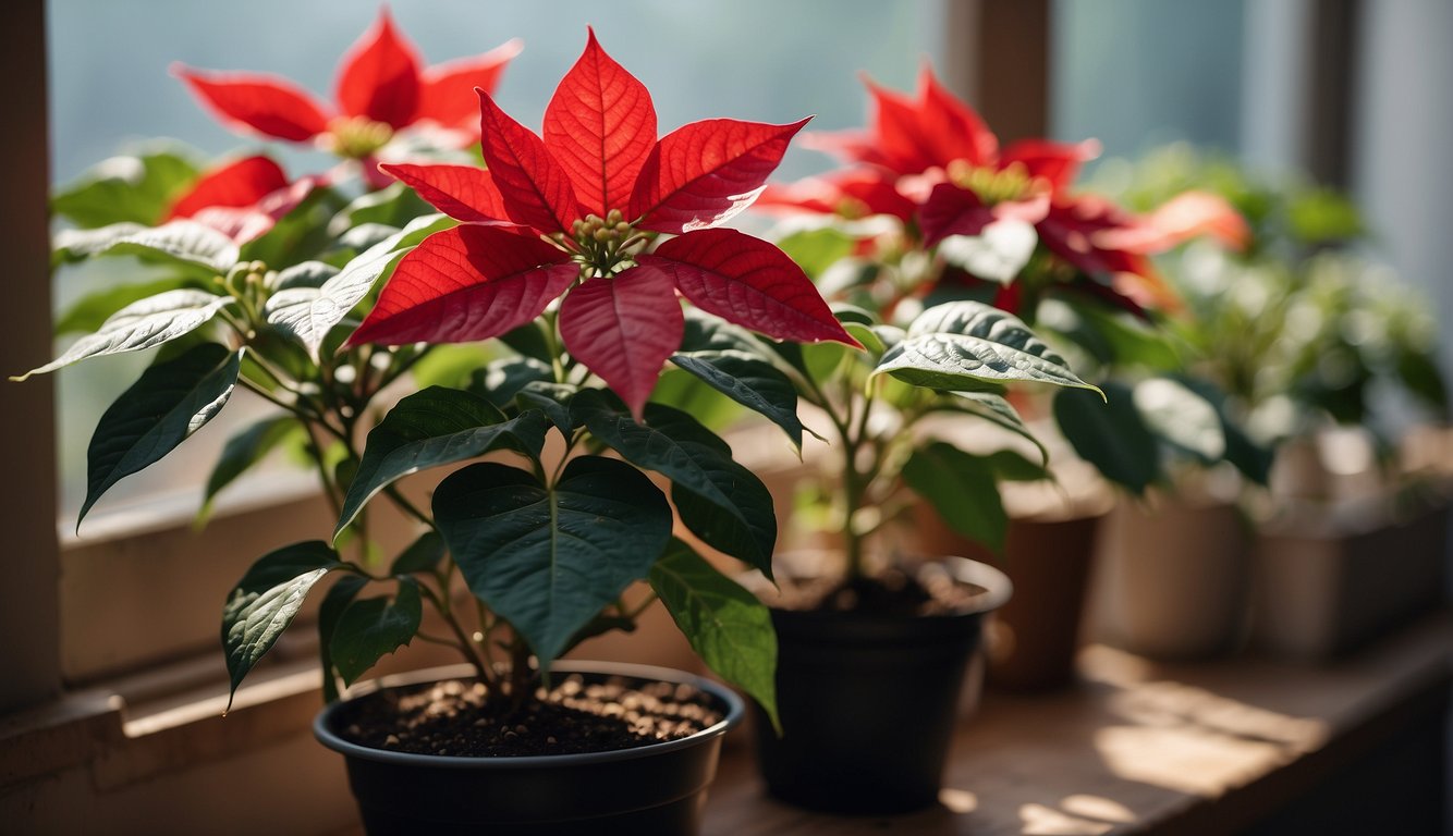 A vibrant poinsettia with red leaves and green foliage in a pot, placed by a sunny window alongside other potted plants.