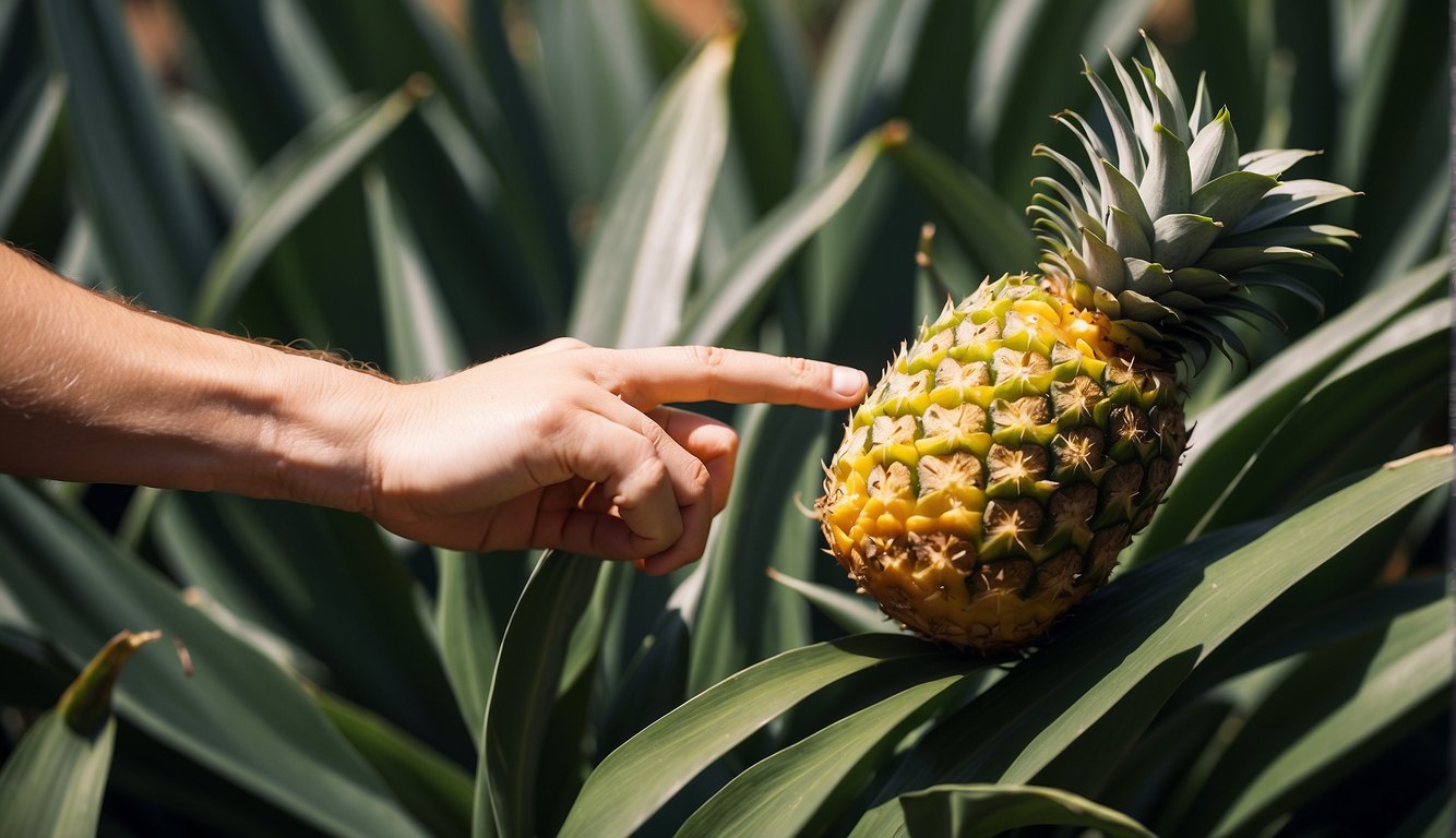 A person’s hand pointing at a ripe pineapple amidst green leaves.