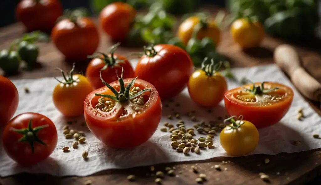 A close-up image of various tomatoes and seeds on a wooden surface, illustrating the process of saving tomato seeds for next year.