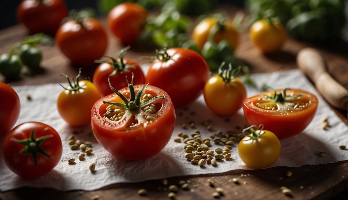 A close-up image of various tomatoes and seeds on a wooden surface, illustrating the process of saving tomato seeds for next year.