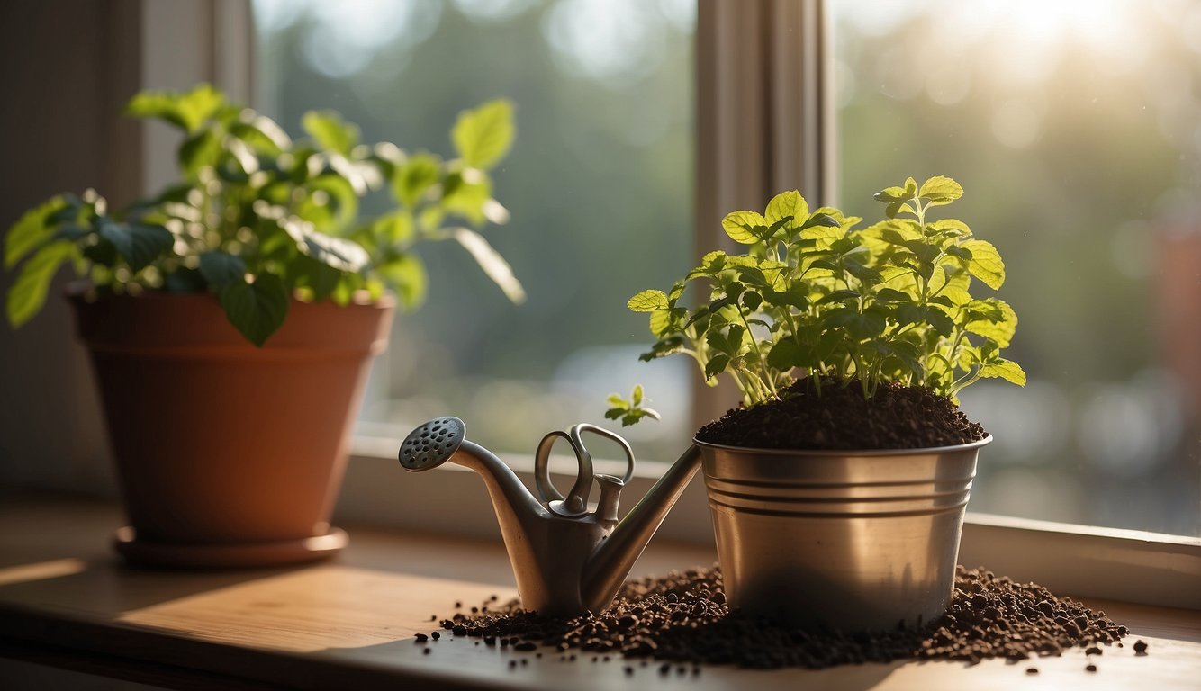 A healthy mint plant growing indoors on a windowsill, bathed in sunlight, next to a watering can.