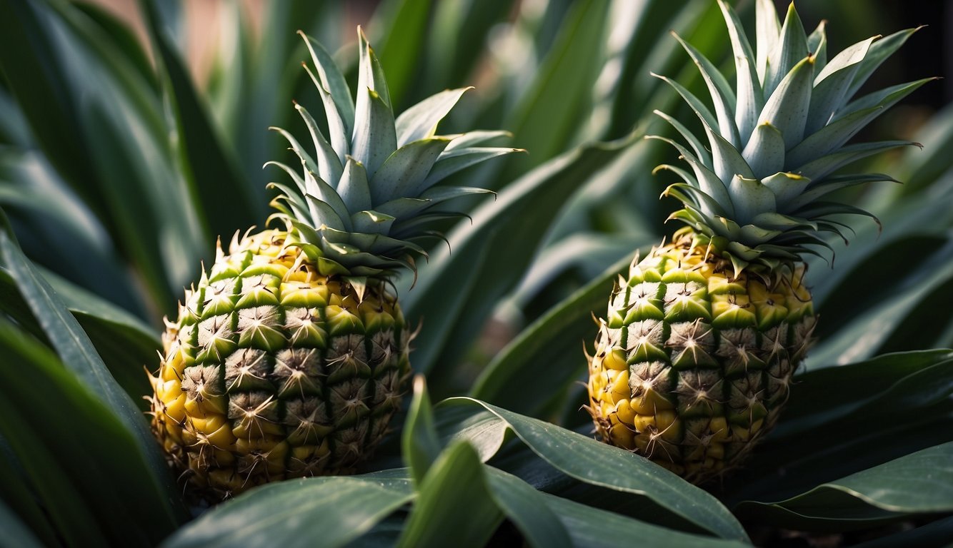 Two pineapples surrounded by green leaves, illuminated by sunlight.