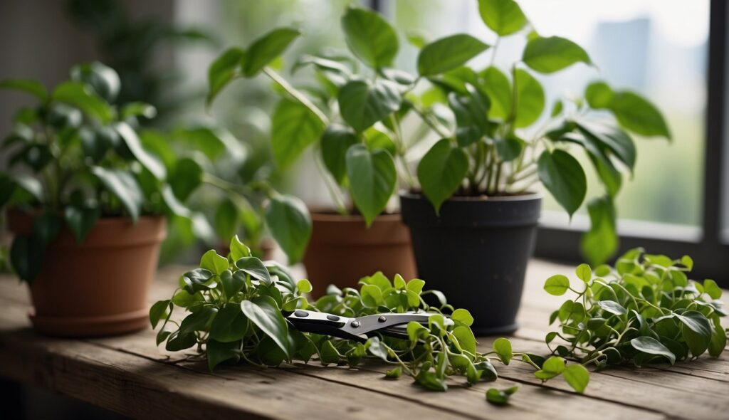 A pair of scissors lies next to freshly trimmed green pothos plants in brown pots on a wooden surface, with a bright window in the background.