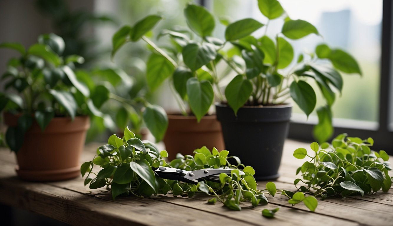 A pair of scissors lies next to freshly trimmed green pothos plants in brown pots on a wooden surface, with a bright window in the background.
