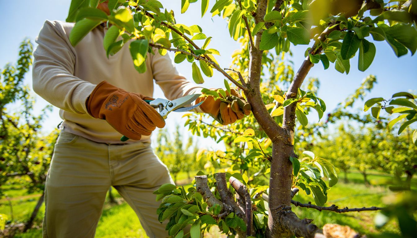 A gardener wearing gloves trims a branch from a plum tree in a sunny orchard surrounded by similar trees.