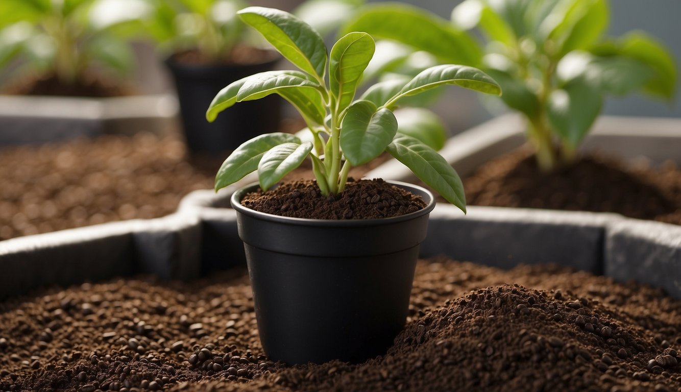 A potted plant with lush green leaves is surrounded by coffee grounds, illustrating the use of coffee grounds as a natural fertilizer for potted plants.