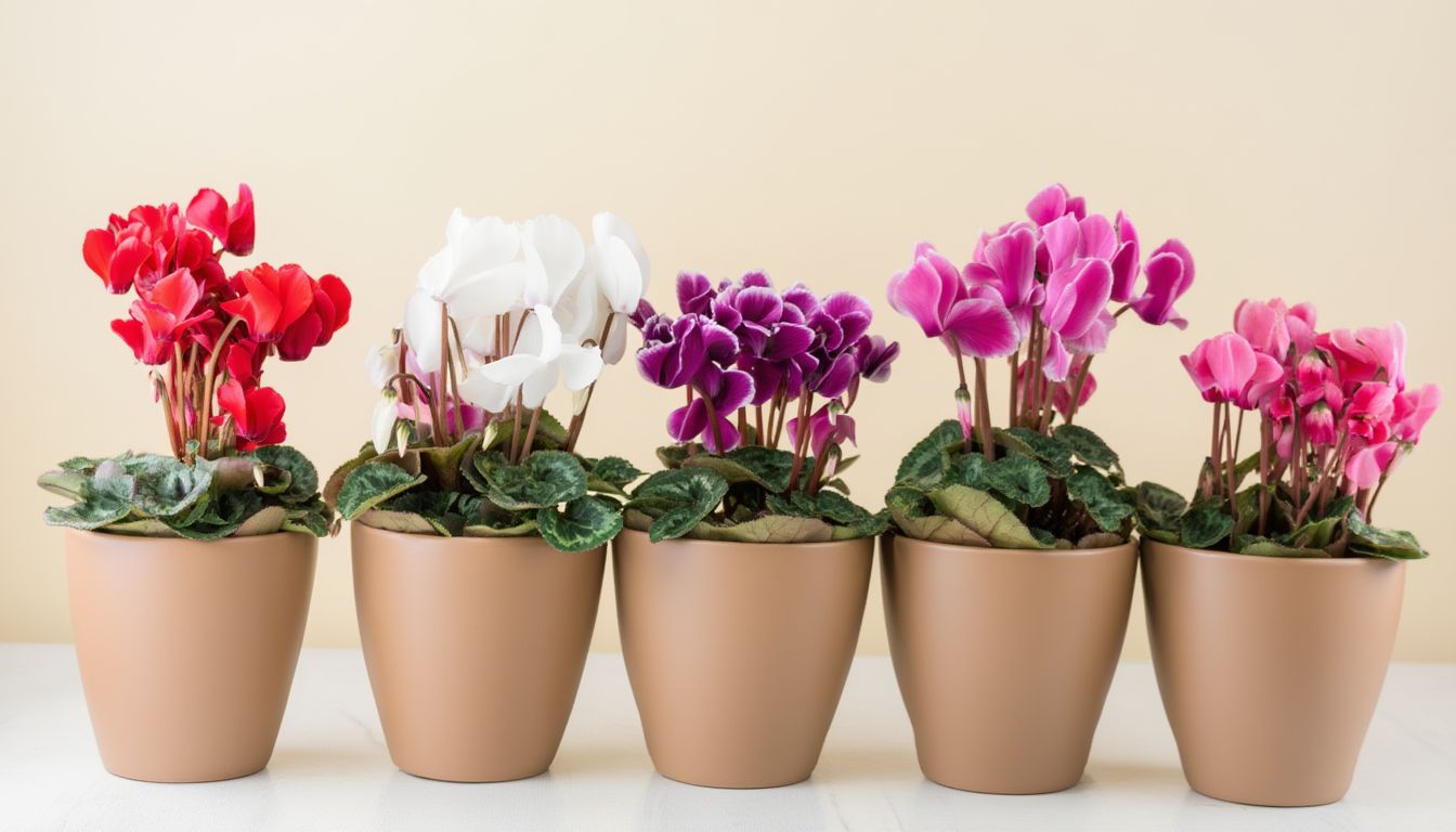 Five potted cyclamen plants with vibrant flowers in red, white, purple, bright pink, and light pink, arranged in a row against a soft beige background.