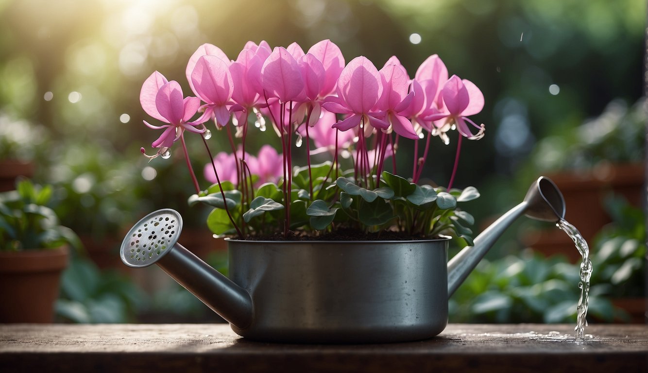 A watering can is pouring water onto a pot of blooming pink cyclamen plants, placed on a wooden surface with a green garden background.