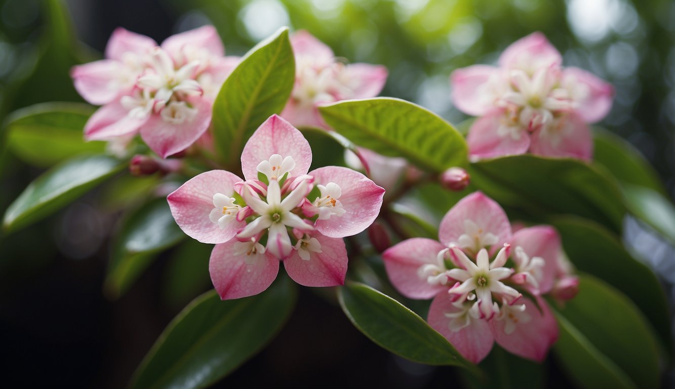A close-up view of pink Hoya plant flowers in bloom, surrounded by lush green leaves.