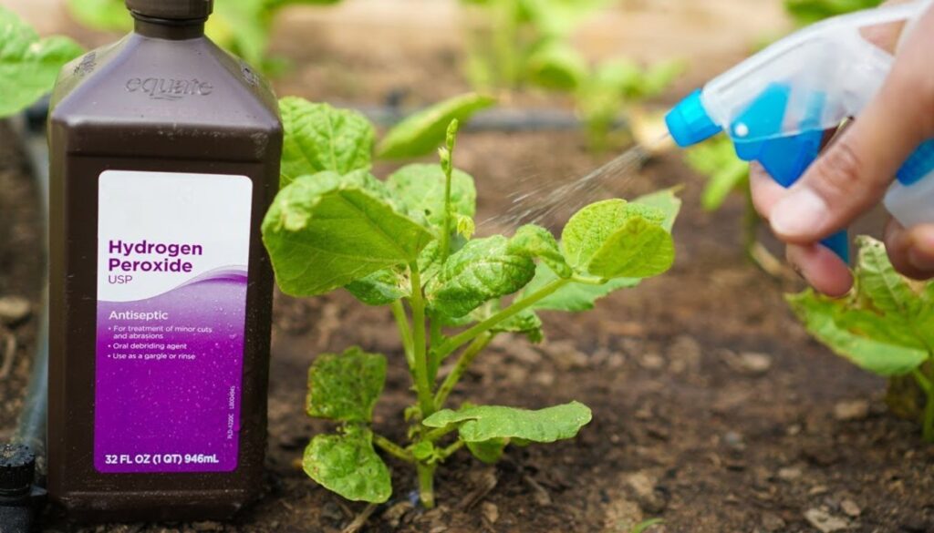 Person applying hydrogen peroxide soil drench to carrots growing in black grow bags in a garden setting.