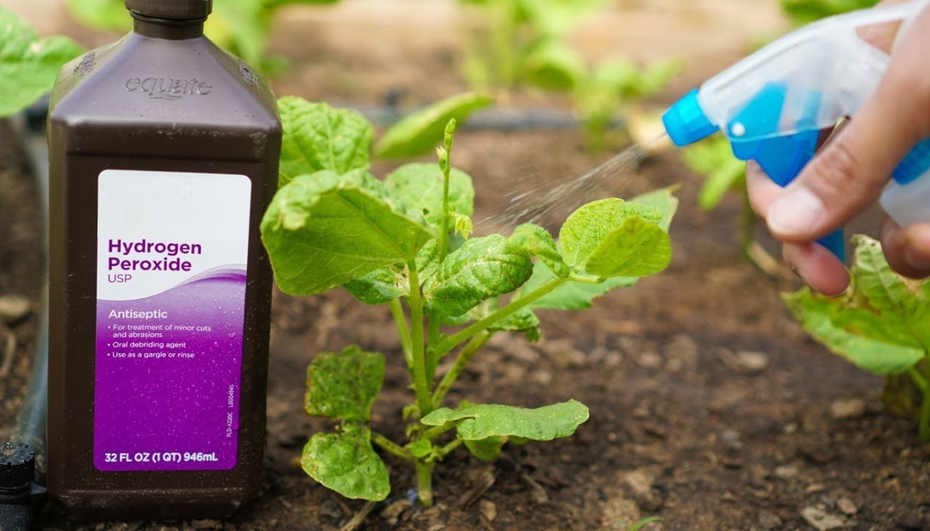 Person applying hydrogen peroxide soil drench to carrots growing in black grow bags in a garden setting.
