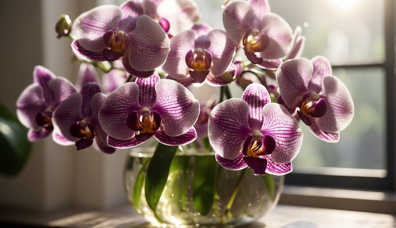 A bouquet of vibrant purple orchids with a white center, housed in a clear vase, basks in the sunlight filtering through a nearby window.