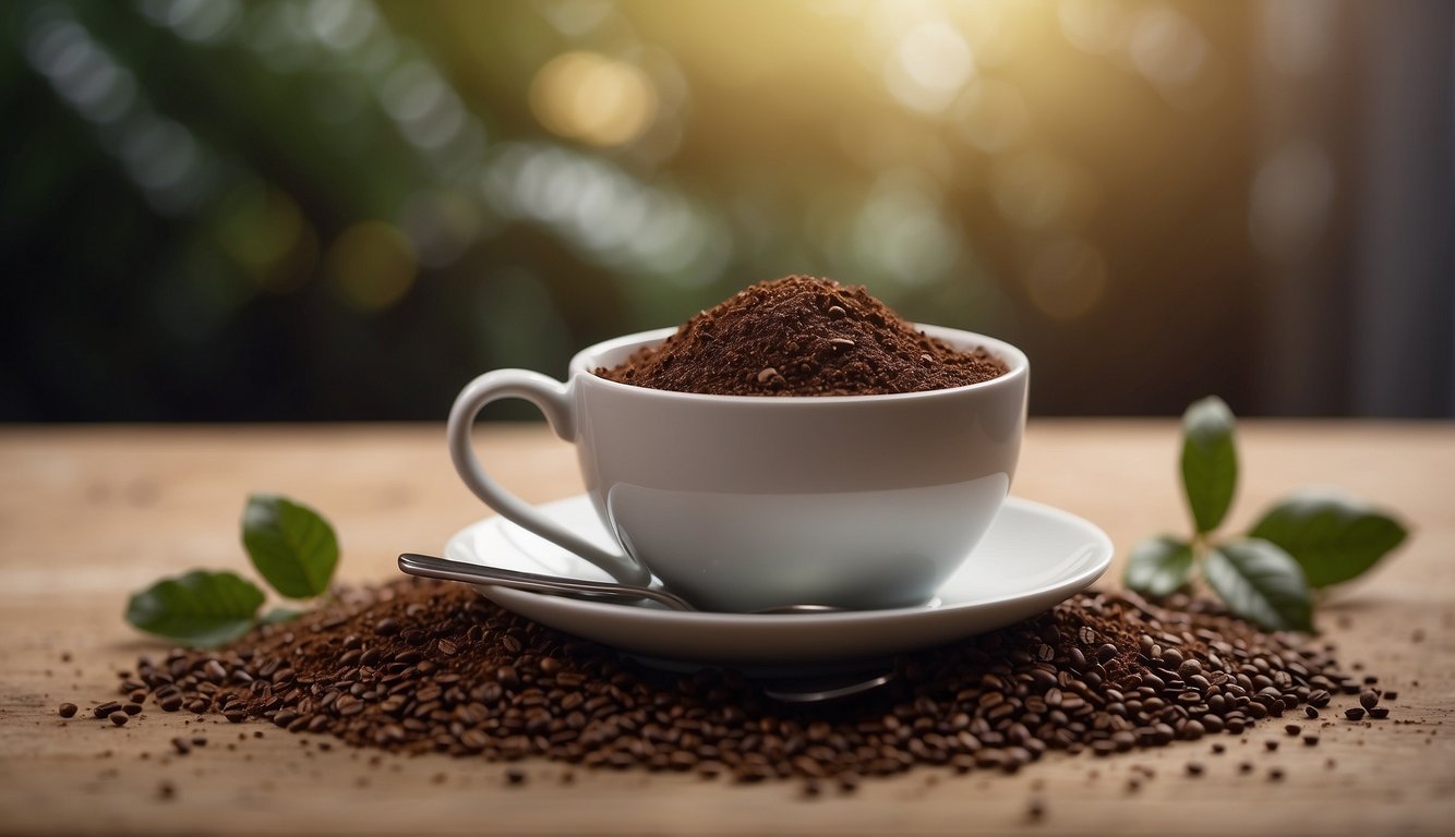 A cup filled with coffee grounds surrounded by scattered coffee beans and green leaves, illuminated by soft sunlight.