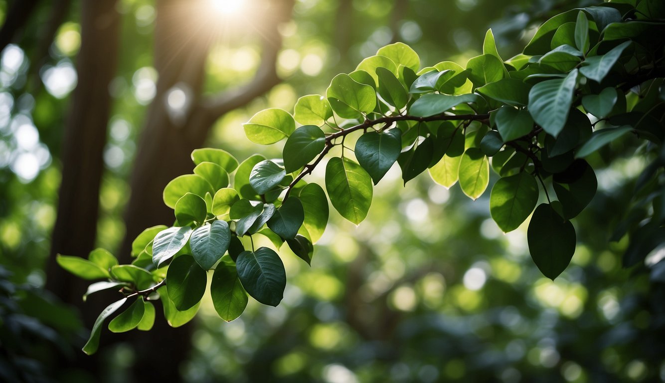 A close-up of vibrant green jade leaves illuminated by sunlight filtering through the trees.