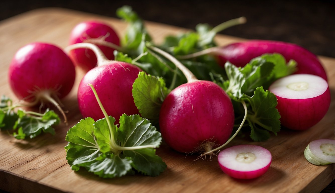 A variety of fresh radishes with vibrant pink skin and white interiors, displayed on a wooden cutting board with green leaves attached.