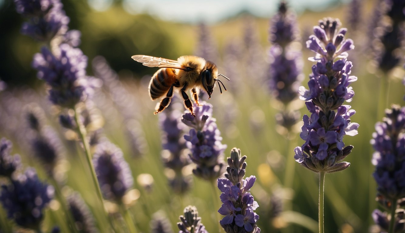 A bee hovering over lavender flowers in a sunlit field.