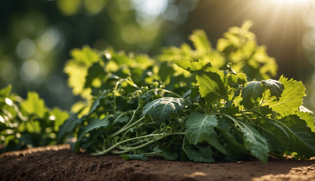 A close-up view of lush green vegetable plants growing in soil, illuminated by the soft glow of sunlight.
