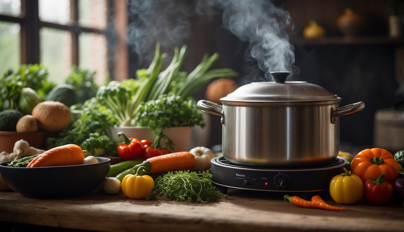 A steaming Olla pot surrounded by fresh vegetables on a kitchen countertop near a window.