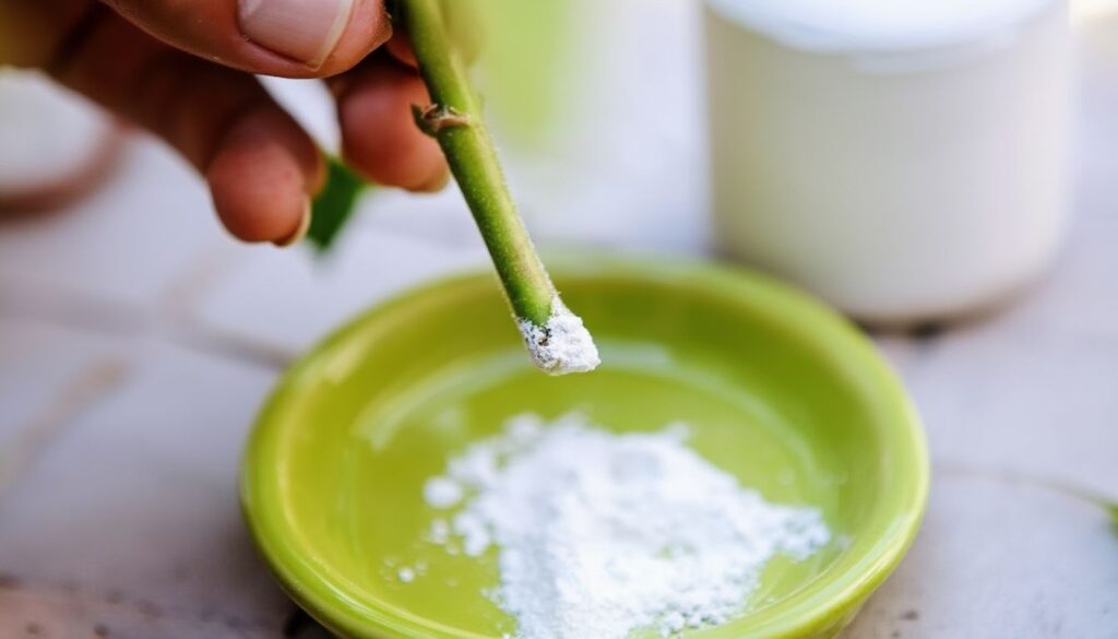 Hand dipping a plant cutting into white rooting powder in a green dish, with gardening supplies nearby.