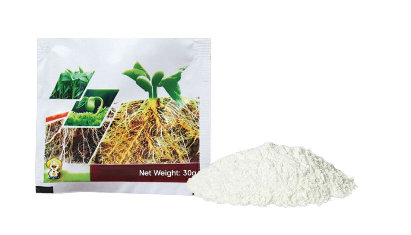 Packet of organic rooting hormone with white powder beside it, promoting healthy plant root growth.