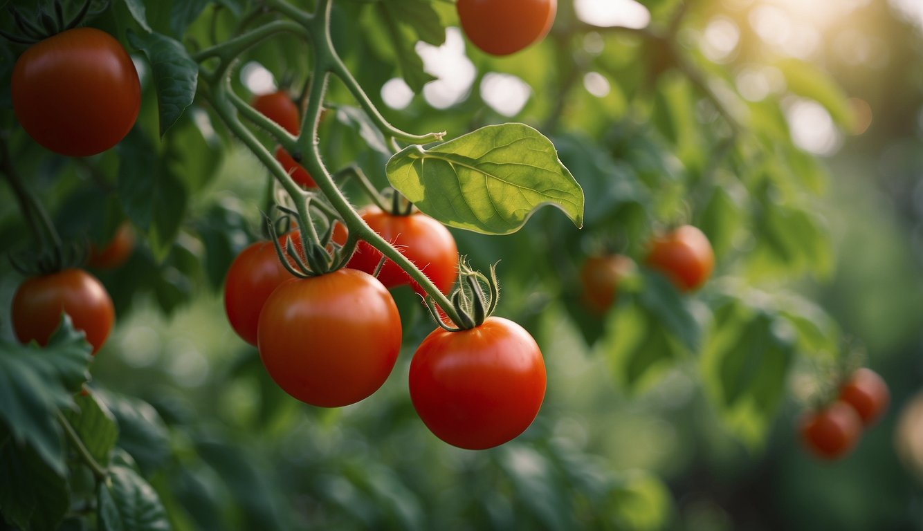 A cluster of ripe tomatoes hanging from a vine with lush greenery in the background.