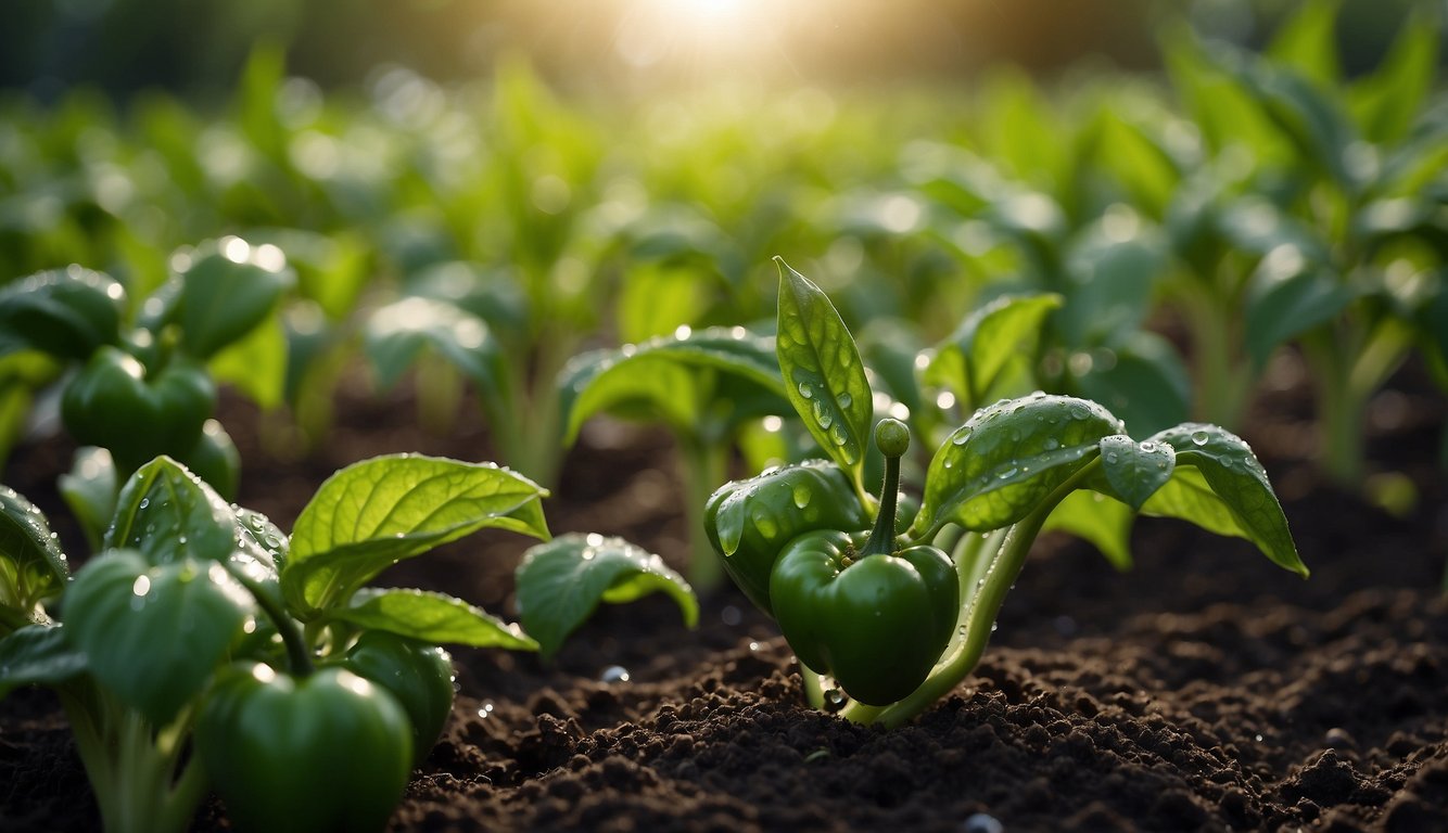 A close-up view of young green pepper plants with dew on their leaves, growing in rich soil, illuminated by the morning sun.