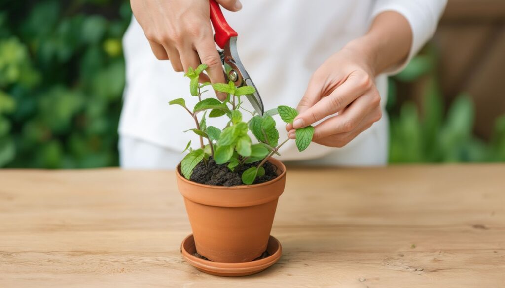 A person trims a mint plant in a terracotta pot using red-handled garden shears on a wooden surface outdoors.