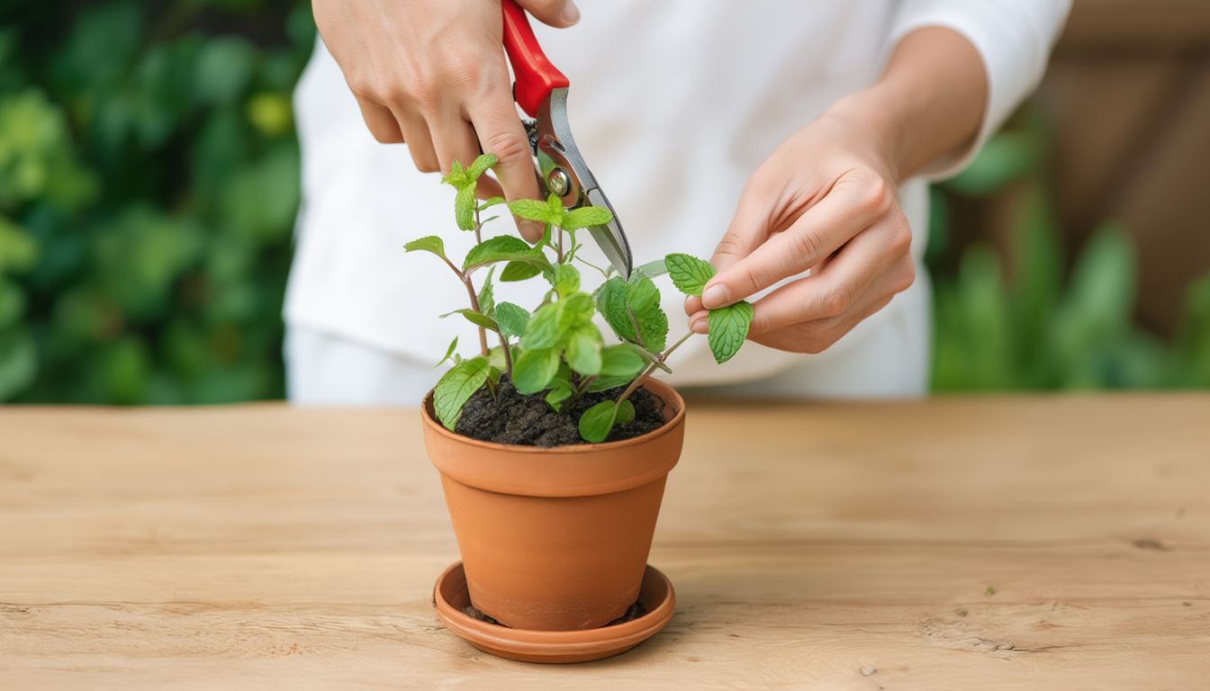A person trims a mint plant in a terracotta pot using red-handled garden shears on a wooden surface outdoors.