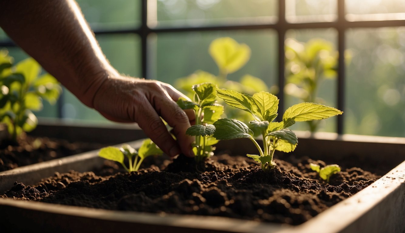 A person’s hand is planting mint cuttings into a soil-filled tray, illuminated by sunlight filtering through a window.
