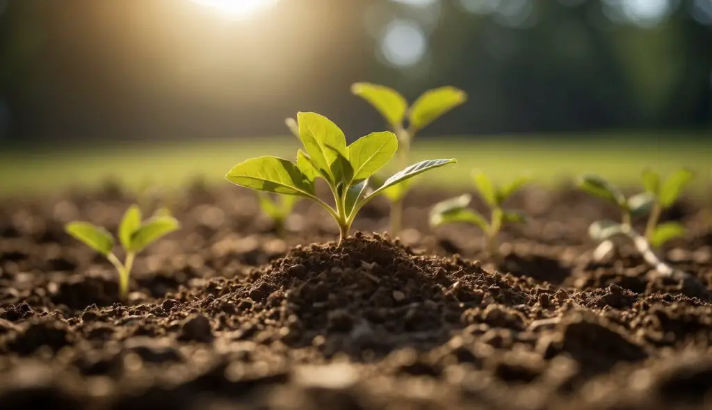 A young nut tree sapling emerging from the soil, bathed in sunlight.