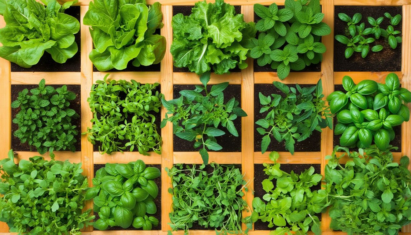 A vertical square foot garden with a wooden grid structure filled with vibrant leafy greens and herbs.