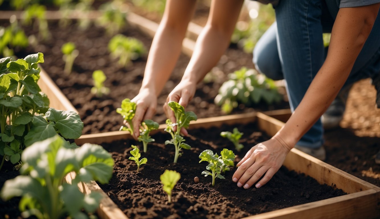 A person planting young green plants in a square foot garden with wooden borders.